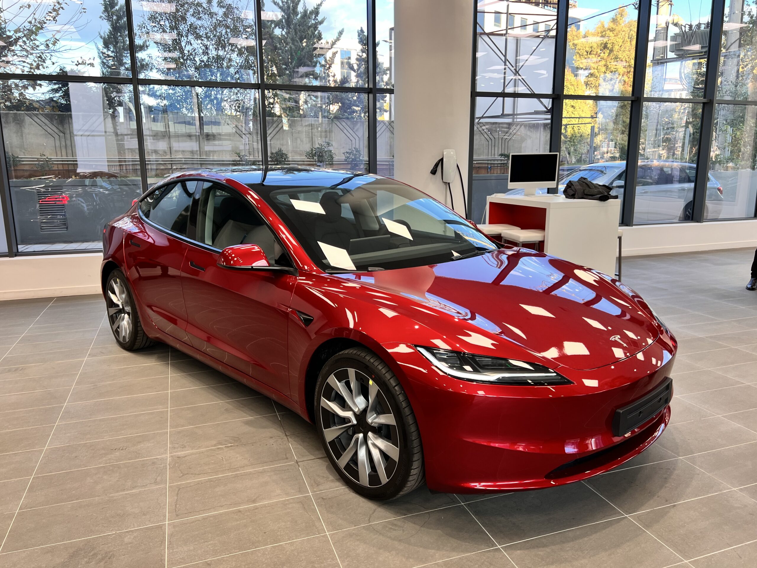 Tesla Model S in red.